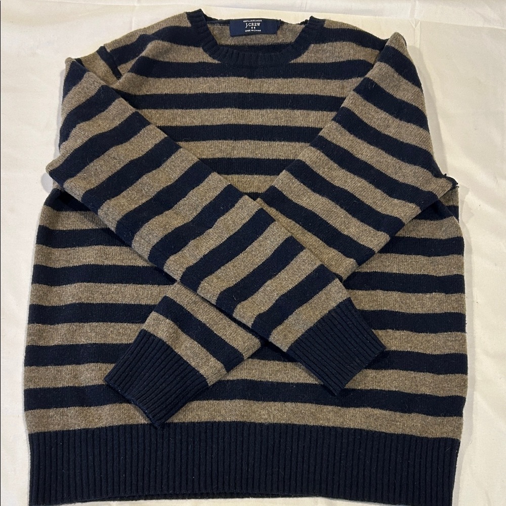 J. Crew Navy and Tan Striped Crewneck 100% Lambswool Sweater M